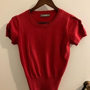 Oasis Red Fitted Ribbed Cap Sleeve Blouse with Scalloped Neckline